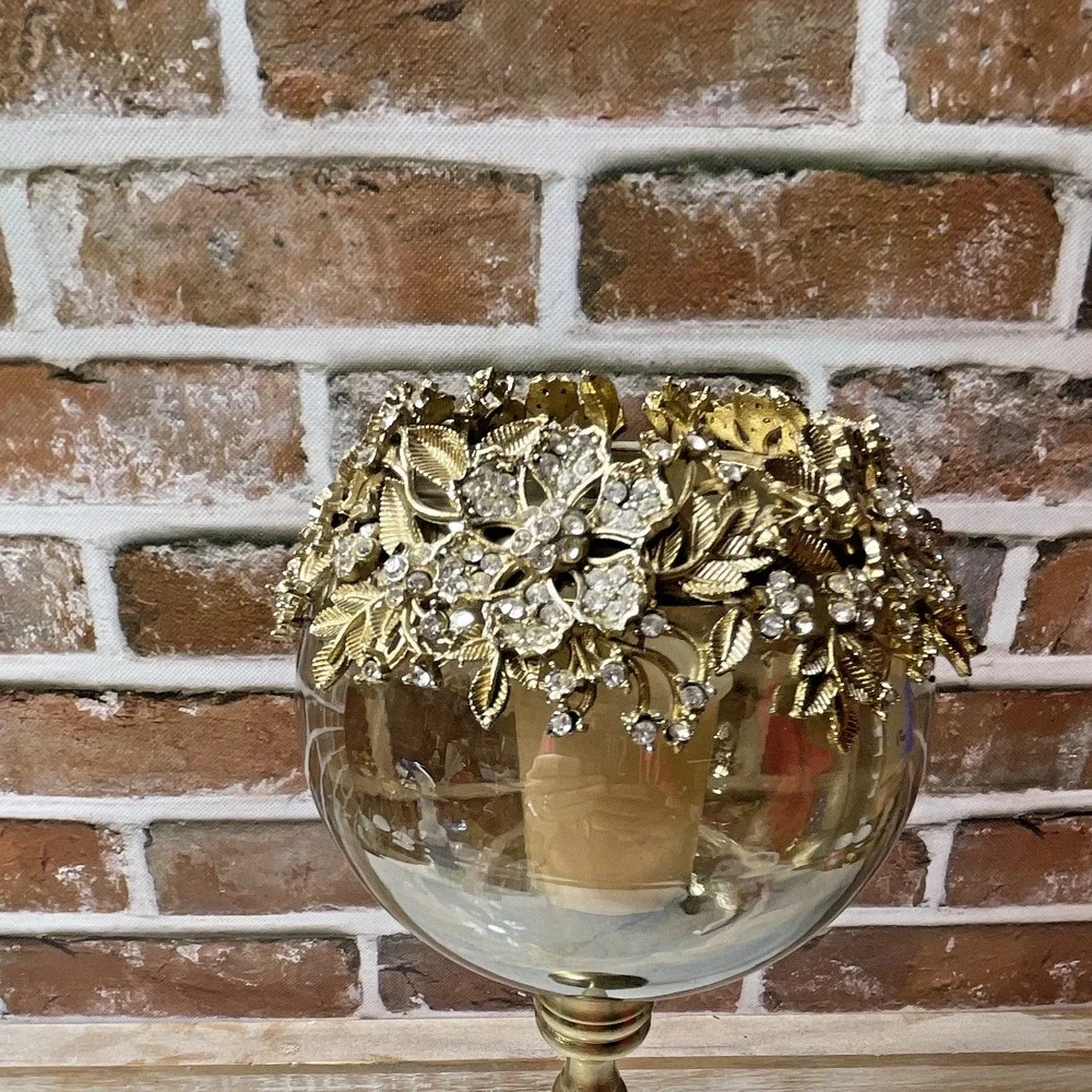 Gold Metal Clear Glass Floral Rhinestone Rim Pedestal Globe Hurricane Holder